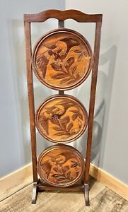 Vintage Hand Carved Mahogany 3 tiered pie pastry plant stand birds
