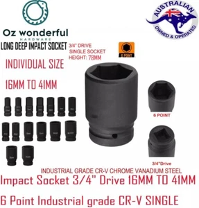 3/4'' Deep Impact Sockets Drive Impact Socket Cr-V 16mm - 41mm 78mm height - Picture 1 of 9
