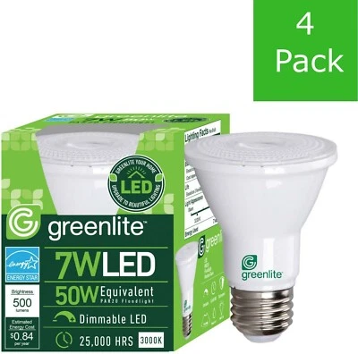 4Pk Bright White - Greenlite 7W LED Dimmable PAR20D/NFL Floodlight  Medium~3000K - Image 1 of 4