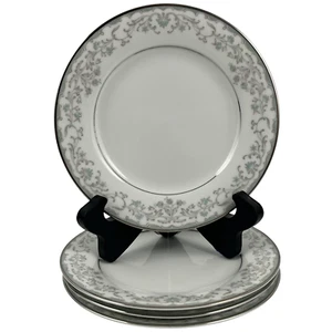 Noritake Raleigh Bread Plates Set of 4 VTG 5816 Green Floral Platinum Japan - Picture 1 of 12