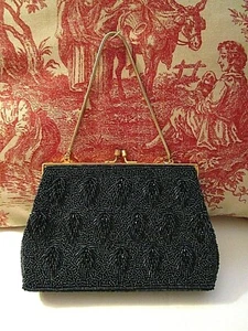 50s VINTAGE IRIDESCENT DK BLUE & PURPLE BEADED FRAME PURSE Snake Chain LEAF DSGN - Picture 1 of 10