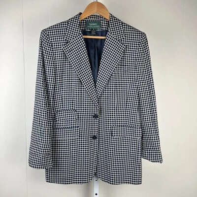 Vintage Lauren Ralph Lauren Blazer Jacket Navy Blue Plaid Check Womens 10 - Image 1 of 4