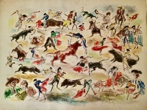 JOHN GROTH Bullfight Impressions ink and wash drawing 1947 unframed multi color - Picture 1 of 10