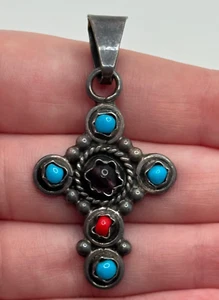 Vintage Mexico Sterling Silver Multicolor Cross Pendant - Picture 1 of 9