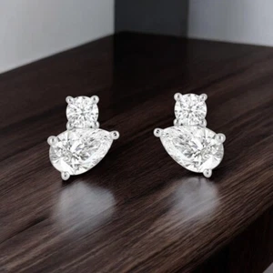 950 Platin TOI ET MOI Ohrring 1,50 ct runde Birne Lab Created Diamant Ohrstecker - Bild 1 von 11