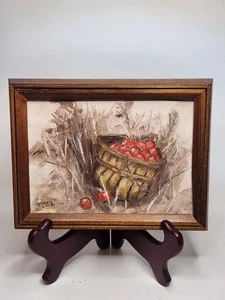 Dipinto olio su tela vintage con cornice autunno mele 6x8 firmato - Foto 1 di 6