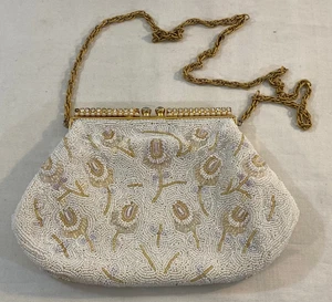 Vintage Walborg White & Gold Beaded Clutch Purse Shoulder Bag w/ Rhinestone Top - Picture 1 of 14