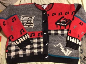 Vintage Sweater Loft Cardigan Music Piano Novelty Large Cotton 90’s - Picture 1 of 14
