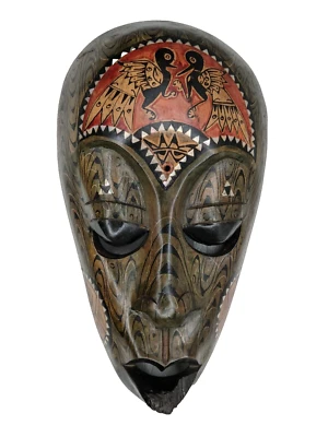 Tribal Mask African Wood Carved Mother of Pearl Inlay Painted Wall Decor Vintage - Image 1 of 4