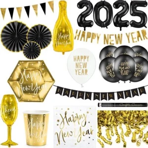 Silvester Deko Set Party Dekoration Neujahr 2025 gold schwarz Einweggeschirr - Bild 1 von 90
