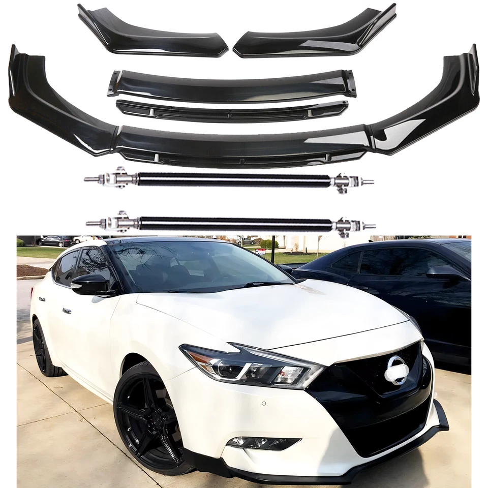 Gloss Black Front Bumper Lip Splitter Spoiler Kit + Strut Rods For Nissan Maxima - Image 1 of 4