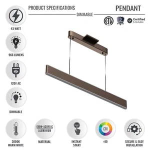 LED Pendant Light 43W 3000K Dimmable Modern Hanging Lamp for Bedroom Dining Room - Picture 1 of 17