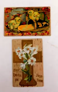 2 cartoline pasquali inedite, 1908 & 1911, finiture oro, usate/fine - Foto 1 di 4