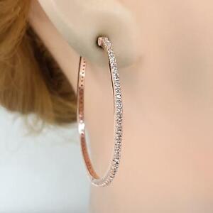 Genuine 1.15ctw H-SI Diamond 14K Rose Gold 925 Silver Large Hoop Earrings 6.6g