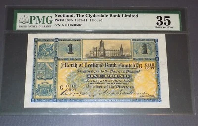 PMG NORTH OF SCOTLAND BANK LIMITED 1932 Clydesdale ONE 1 POUND Banknote 35 Ch VF - Image 1 of 4
