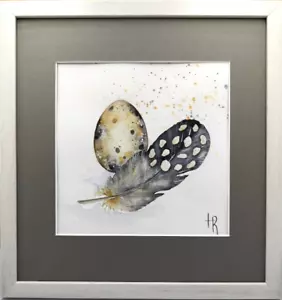 Aquarellmalerei, Ei und Feder, moderne Osterdeko Wohnkunst. - Bild 1 von 8