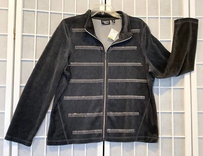 Onque Casuals Womens Sz XL Dark Gray Velour Zip Front Jacket Gold Silver Accents - Image 1 of 3