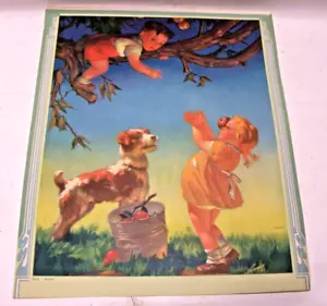 Rare 1942 Vintage Color Litho Art Print Children & Dog Playing USA 16x13 "Bingo" - Foto 1 di 6