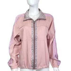 Chaqueta Mystree para mujer M rosa mezclada tela texturizada cremallera cuello llamativo - Imagen 1 de 9