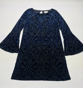 eci Black Navy Damask Velvet Bell Sleeve Shift Dress Size L Witchy Gothic Vampy - Picture 1 of 24