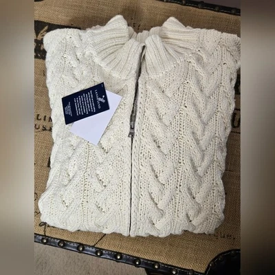 NWT Lands End Chunky Cable Knit Sweater Cream Long Sleeve 2Way Zipper Size XL - Image 1 of 4