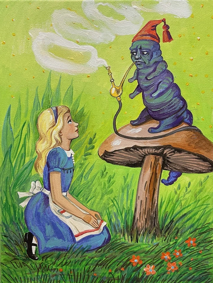 ACEO RYTA Alicia en el País de las Maravillas Arte Popular Impresión de Pintura Oruga Hongo ❤️ Foto 1 de 1