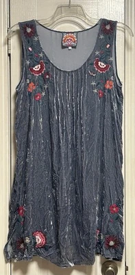 Vestido JOHNNY WAS Emilia Azul/Gris Terciopelo con Bordado Floral Pintuck Bohemio L Foto 1 de 4