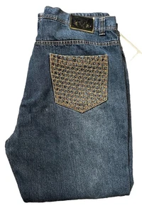 Jeans Makaveli Para Hombres 42x31 Azul Denim Bordado Bolsillos Sueltos Hip Hop - Imagen 1 de 8