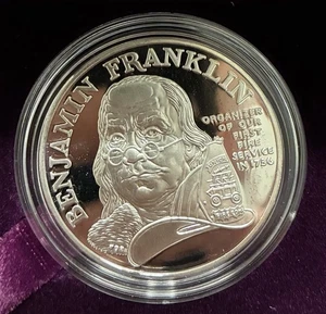 1992 Ben Franklin Firefighters 1 oz Silver Proof Medal with Box & COA - Picture 1 of 4