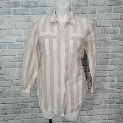 Vintage 90s Together Womens L Button Front  Beige White Striped Long Sleeve Top - Image 1 of 4