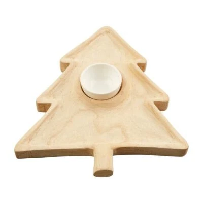 Plato para servir astillado y inmersión en forma de árbol de Navidad de madera de paulownia tallada Foto 1 de 2