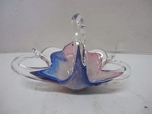Murano Lavorazione Art Glass Swan - Pink & Blue Swirl 6" Tall Candy Nut Dish - Picture 1 of 12