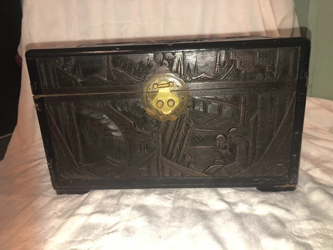 Medium Antique Chinese Hand Carved Camphor Wood Chest, circa 1940s? Cover