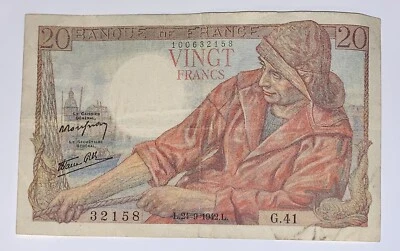 France 20 Vingt Francs 24-9-1942 Fisherman Bank Note Bank Of France *RARE* - Image 1 of 2