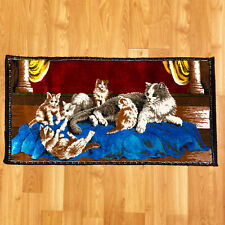 Velvet Tapestry Textile Rug Cat with Kittens 70s Vintage 39"x20"