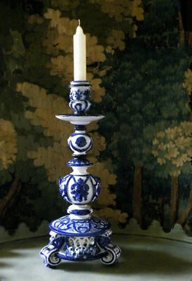 Magnificent 19th C. Monumental Blue & White Neo-Renaissance Faience Candlestick - Image 1 of 4