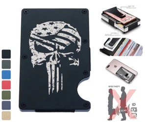 US American Flag Punisher Engraved RFID Blocking Clip Wallet Credit Card Holder - Picture 1 of 19