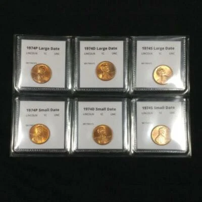 1974 P+D+S Lincoln Cent Six Coin Small and Large Date Penny Set - BU - Image 1 of 3