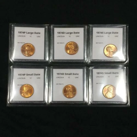 1974 P+D+S Lincoln Cent Six Coin Small and Large Date Penny Set - BU Cover