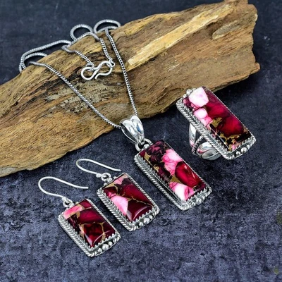 Red Rose Dahlia Turquoise Silver Plated Ring Earring Pendant Jewelry Set - Image 1 of 4