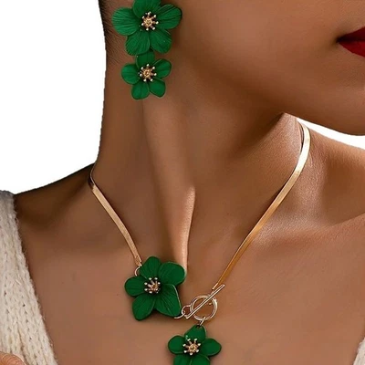 2pcs Elegant Shining Gold Snake Bone Chain Camellia Choker Necklace Earring Set Foto 1 de 3