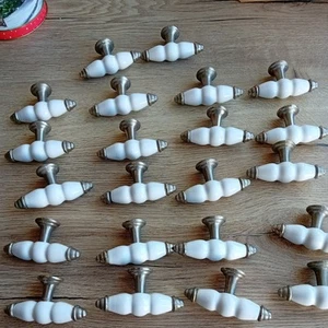 Vintage Lot Of Kitchen White Porcelain & Silver Metal Drawer Pulls Handles x22 - Picture 1 of 4