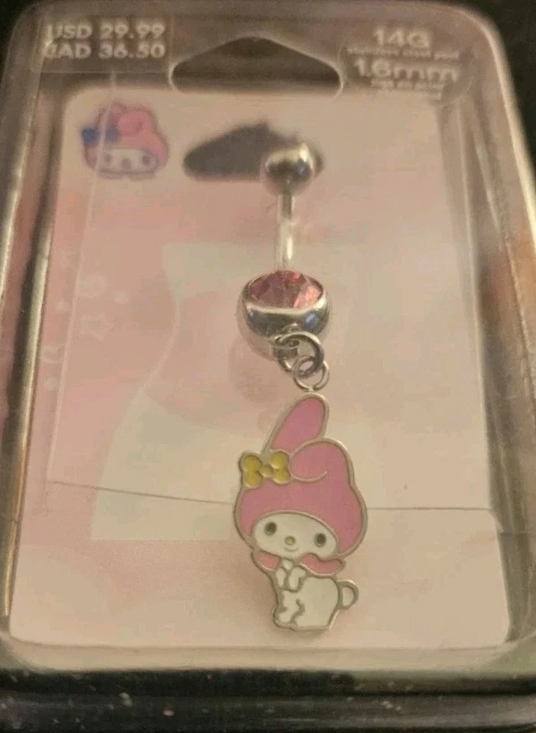Brand New My Melody Silvertone Stainless Steel Pink Crystal Charm 14G Belly Bar - Image 1 of 3