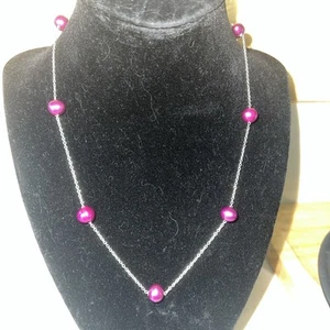 HONORA Pearl Station NECKLACE Purple Fuchsia Stainless Adjustable Chain - Picture 1 of 3