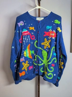 Cardigã Opções de Design Philip Jane Gordon Suéter Tamanho M Peixe Oceano Conchas de Praia - Imagem 1 de 4