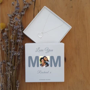 MUM Photo Upload Silver Heart Pendant Chain Necklace Personalised Gift Box - Picture 1 of 4