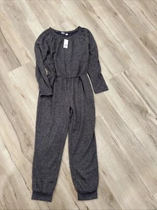 NWT GAP Girls Long Sleeve Elastic Waist Knit Jumpsuit Size M (8-9) Grey/Metallic - Picture 1 of 4