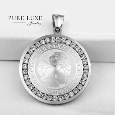 NUEVO Regalo Plata Acero Inoxidable Eternidad Circonita cúbica 35mm Ángel Rezante Colgante + Caja Foto 1 de 2