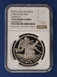 1992 Belize Silver Proof $25 coin "Barcelona Olympics" NGC PF69 with Case & COA - Picture 1 of 3