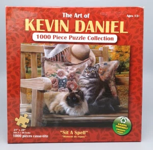 Jigsaw Puzzle 1000 Pieces Cats on Porch Bench Gray Striped and Siamese New - Picture 1 of 3